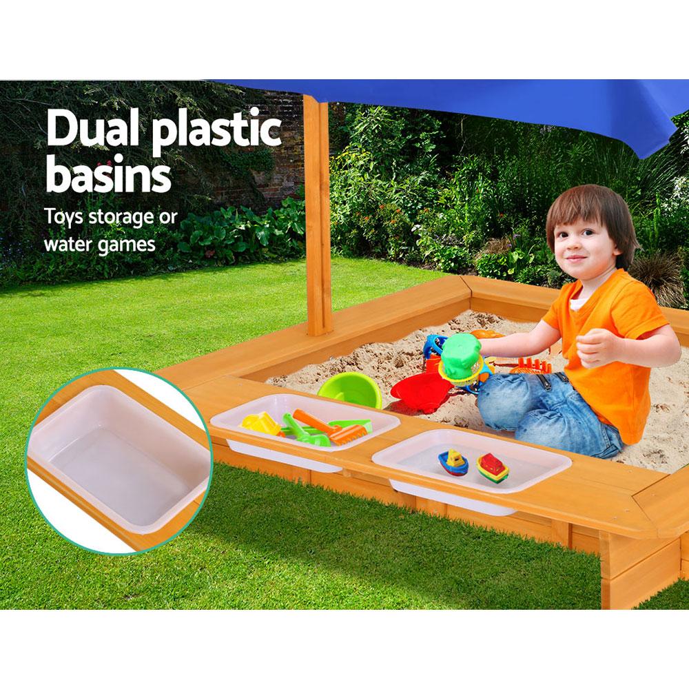 Keezi Outdoor Canopy Sand Pit with adjustable canopy, dual water basins, and treated fir wood construction, perfect for kids' outdoor play.